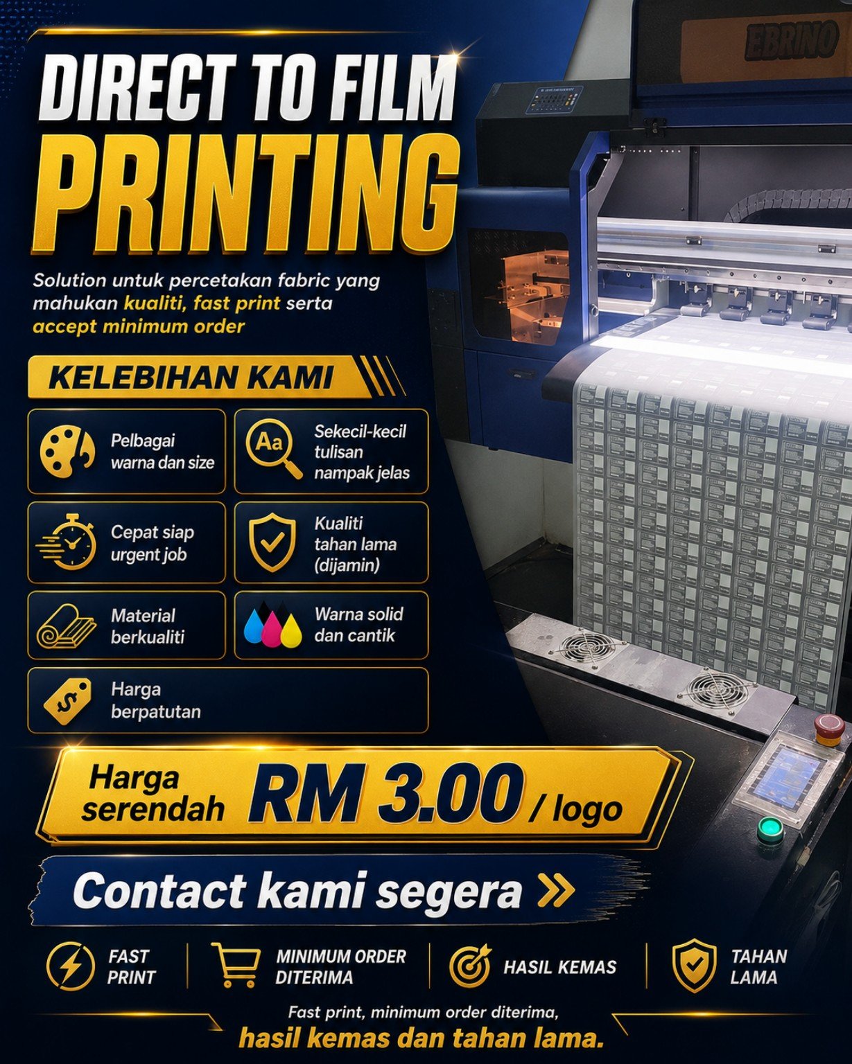 Mesin dan proses Direct to Film DTF Printing di kilang Saudagar Printing Malaysia
