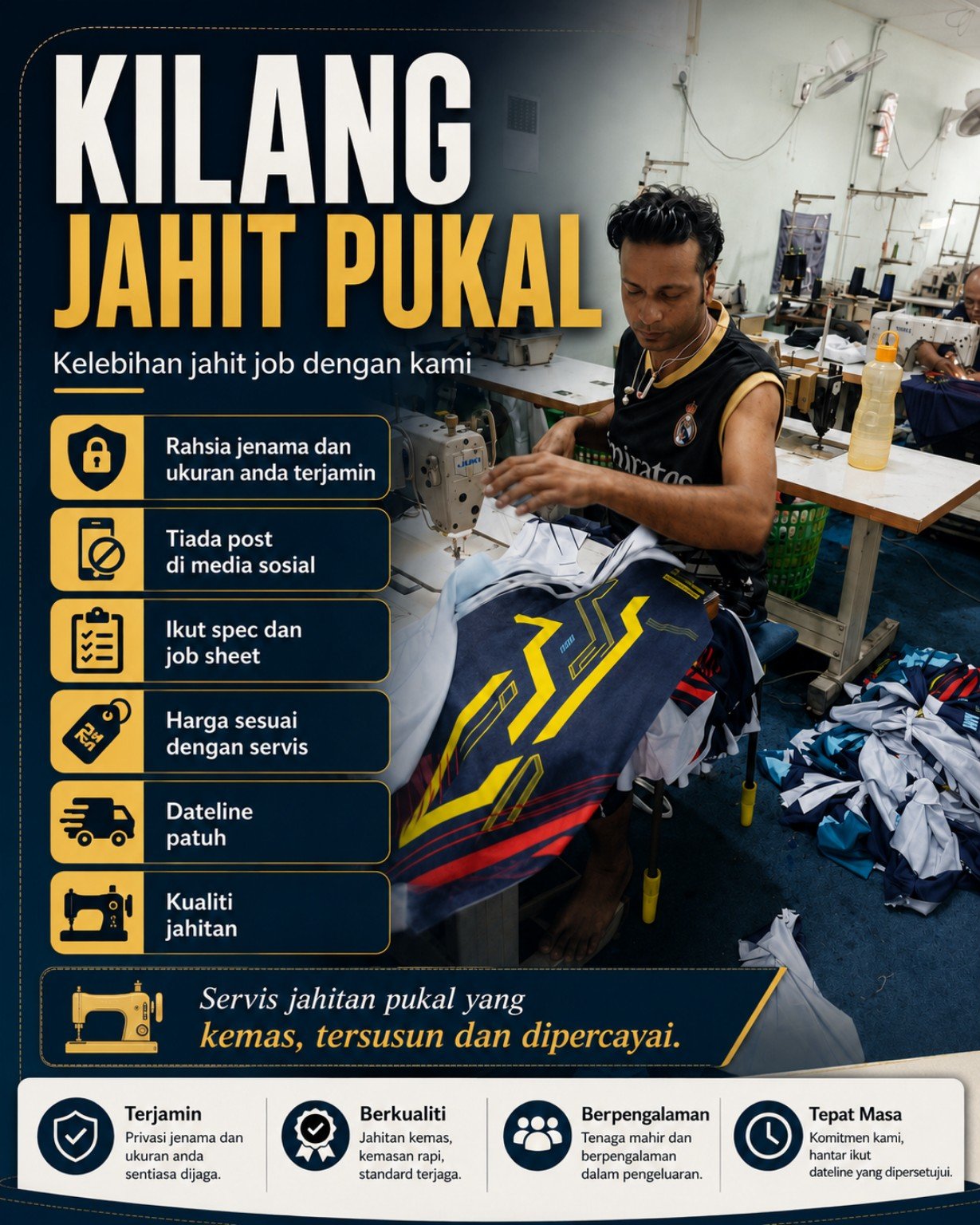 Tukang jahit menghasilkan tempahan pukal di kilang Saudagar Printing Malaysia