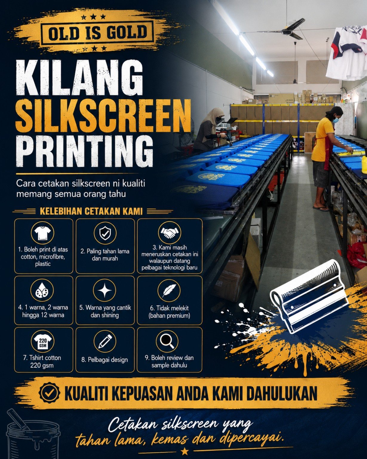 Operasi silkscreen printing di kilang Saudagar Printing Malaysia