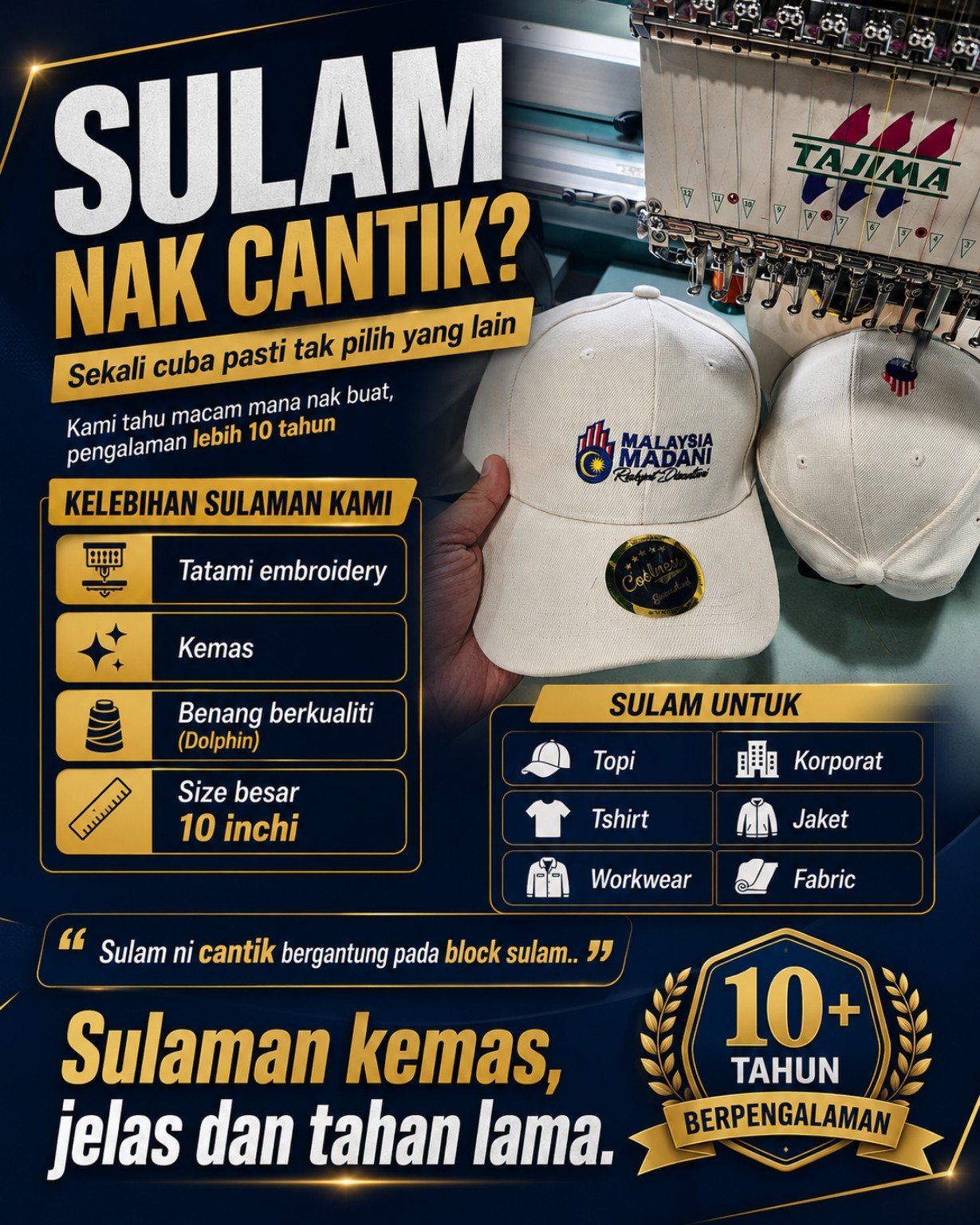 Mesin sulaman dan contoh sulaman topi Saudagar Printing Malaysia