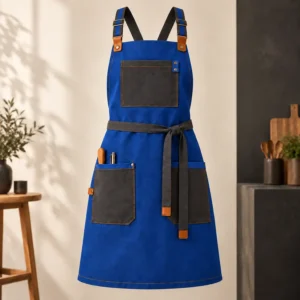 Apron custom design warna biru oleh Saudagar Printing Malaysia