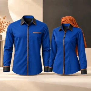 Baju korporat lelaki dan perempuan custom warna biru
