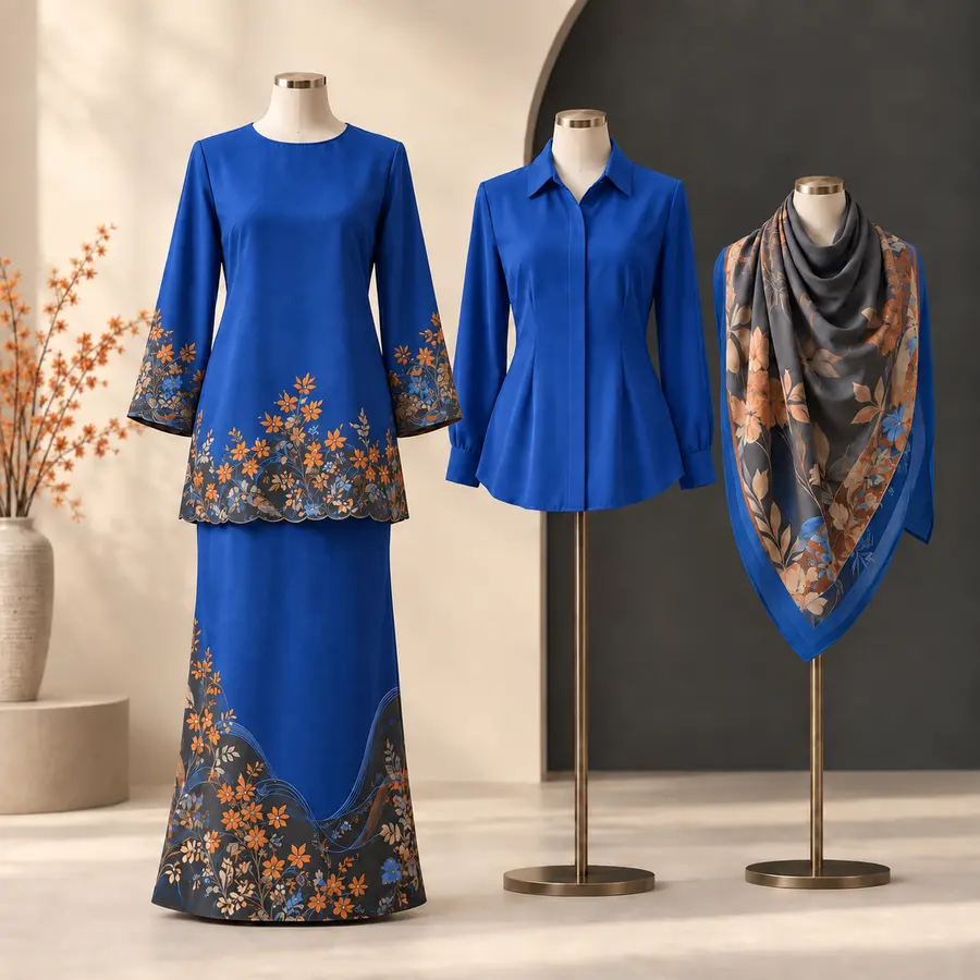 Baju kurung blouse dan scarf custom warna biru