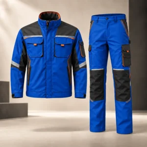 Jaket dan seluar kerja custom made warna biru oleh Saudagar Printing Malaysia